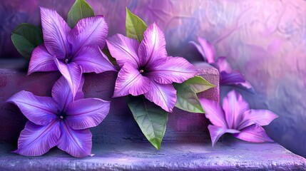 Wall Mural - A painting of three pink flowers with green leaves. The purple flowers are arranged in a row and the leaves are scattered around them. The painting has a serene and calming mood Generative AI
