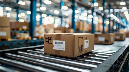 Industrial warehouse scene with packed crates of water bottles on a conveyor belt, ready for shipping