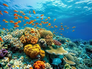 Wall Mural -  A vibrant coral reef teeming with colorful fish and marine life in crystal-clear blue waters. 