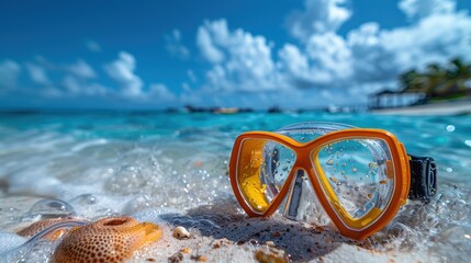 Wall Mural - Diving goggles and snorkeling equipment on white sand near the beach