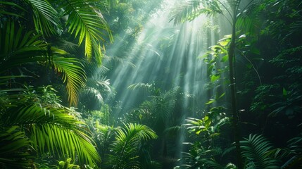 Sticker - Sunlight Filtering Through Lush Tropical Rainforest