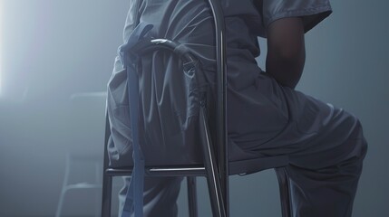 Sticker - Nurse's scrubs draped over a chair, close-up, foggy, deserted, muted tones, ambient lighting 