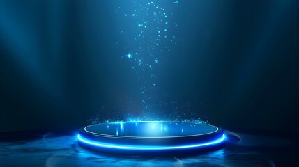 Wall Mural - Futuristic Technology Background with Glowing Hologram Elements and Circular Podium for Product Presentation