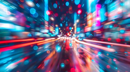 Canvas Print - Blurred Thrilled Vibrant Neon Street at Night with Speed Motion Perspective