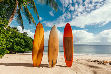 Three surfboards stuck in the sand on the seashore