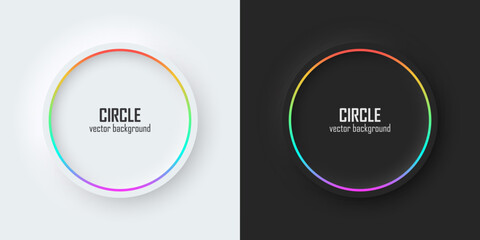 Leinwandbilder - Set of realistic 3d circle, Rainbow illuminate neon lighting, Circles frames on a white and black background in neumorphism style. Elements for design. Top view of podium. EPS10 vector.