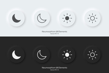 Aufkleber - A set of black and white round buttons with sun and moon symbols. Day and night vector icon in trendy neumorphic style. 3D Neumorphism design style for Apps, Websites, Interfaces and mobile app menu.