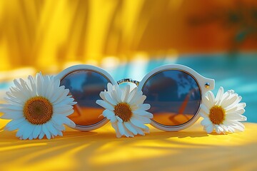 Sticker - Sunglasses with chamomile daisy flowers in strong shadows on yellow table. Summer sunny day concept