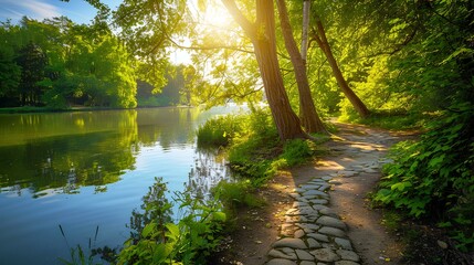 Wall Mural - Beautiful spring summer nature scene with lake in Park surrounded by green leaves of trees in sunlight and stone path in foreground