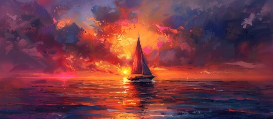 A painting depicting a boat gracefully sailing on the water as the sun sets casting a warm glow across the scene The sky is awash with vibrant hues of orange pink and purple colors