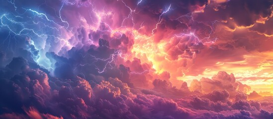 The sky is filled with colorful clouds as lightning strikes through the clouds illuminating the scene with bright flashes of light  
