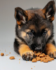 A close-up of a puppy sharing food on an isolated solid background, placed in the corner