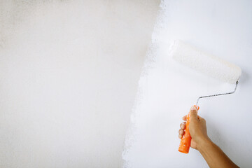 Poster - Roller Brush Painting, Worker painting on surface wall  Painting apartment, renovating with white color  paint. Leave empty copy space white to write descriptive text beside.