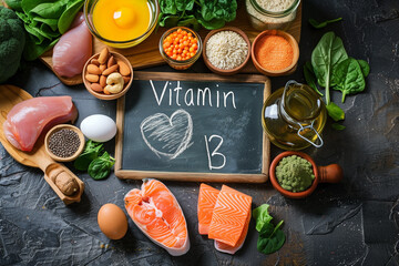 A collection of Vitamin B rich foods including eggs, nuts, salmon, vegetables, and grains, arranged on a dark surface with a chalkboard sign.