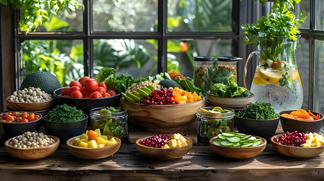 A beautifully arranged spread of vibrant, healthy foods showcasing fresh ingredients and colorful presentation