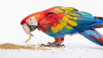 A colorful full-length macaw parrot eating grain on a white background, showcasing its vibrant feathers