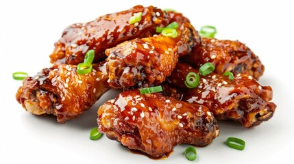 Wall Mural - A high-angle view of crispy, golden brown Korean fried chicken wings, coated in a glossy sauce and garnished with green onions
