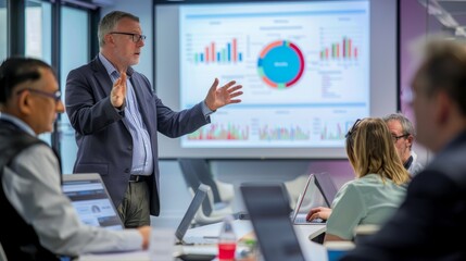 Wall Mural - A Data Protection Officer leads a risk assessment workshop with key stakeholders, using charts and presentations to illustrate their points