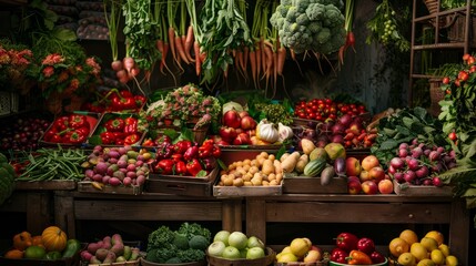 Wall Mural - A vibrant farmers market stall overflowing with fresh produce, showcasing a colorful variety of fruits and vegetables