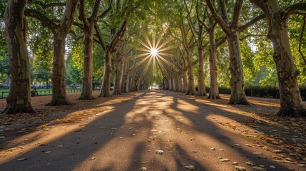 Wall Mural - Sunlight streams through the leaves of towering trees in an urban park, casting long shadows on the pathway