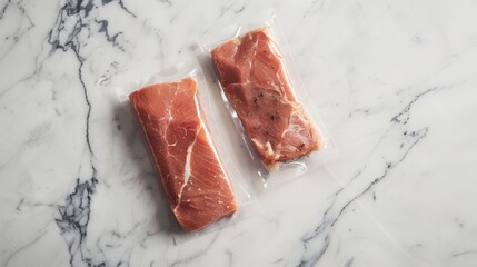 Wall Mural - Two pieces of pork fillet are individually vacuum-packed in plastic and placed on a sleek marble surface, ready for use