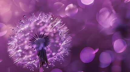 Wall Mural - Close-up of a dandelion with water droplets on a purple bokeh background, capturing a dreamy, serene mood.