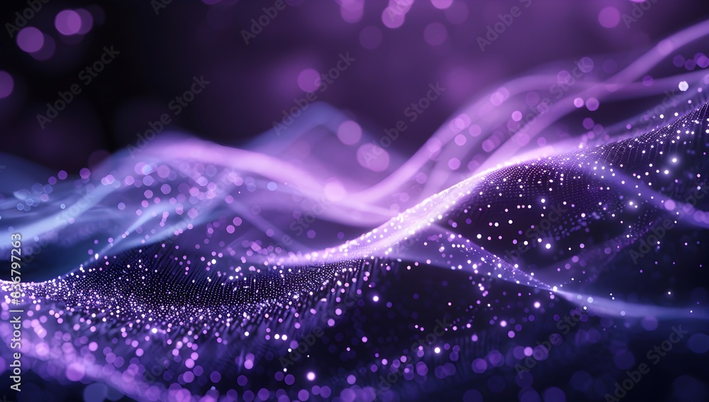 Abstract purple wave of dots and lines on dark blue background, digital ...