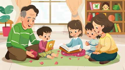 Family reading books together in cozy living room with children and grandparents