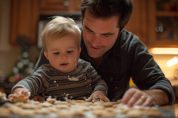 Wall Mural - Father and toddler son baking cookies together in a warm, cozy kitchen