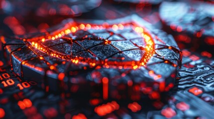 Wall Mural - Close-up of a digital shield with glowing neon lights on a circuit board, symbolizing cybersecurity and protection in modern technology.
