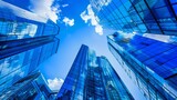 Modern glass skyscrapers in a bustling city. Blue sky and clouds. Perfect for business and architecture themes. Stunning urban landscape. Abstract style. AI