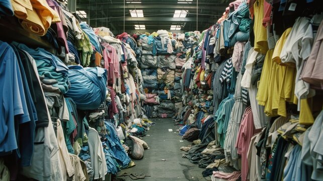 Warehouse filled with stacks of second-hand clothes.