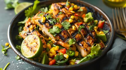 Poster - Grilled Chicken Breast with Colorful Corn Salsa on Dark Plate