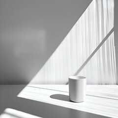 Wall Mural - a white object sits on a white surface, with a window behind it. the light shining through the windo