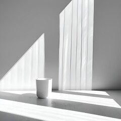 Wall Mural - a white object sits on a white surface, with a window behind it. the light shining through the windo