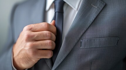 Close-up of a businessman's hand adjusting a suit jacket button