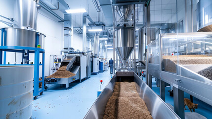 Wall Mural - A high-tech facility for dry cat food production, showcasing the pelleted feed manufacturing process