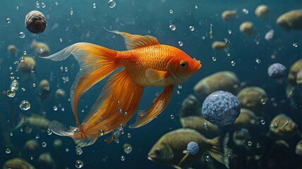 a fish with a goldfish swimming in an aquarium Generative AI