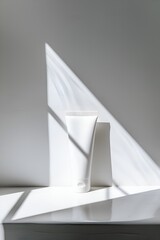 Wall Mural - a tube of white toothpaste is sitting on a white countertop. the light shining on the tube creates a