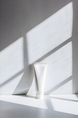 Wall Mural - a tube of white toothpaste is sitting on a white countertop. the light shining on the tube creates a