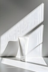 Wall Mural - a tube of white toothpaste is sitting on a white countertop. the light shining on the tube creates a