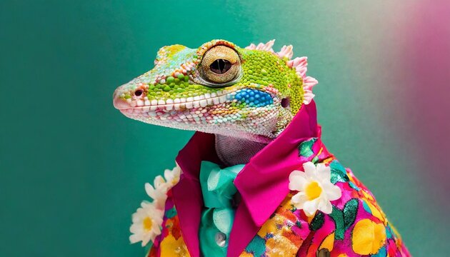 Reactive animal concept. Gecko reptile in glam fashionable couture high end outfit, isolated on glossy background advertising, birthday party invitation banner
