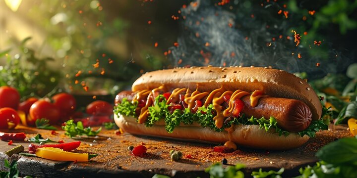 fresh hotdog or sausage sandwich with flying ingredients and spices hot ready to serve and eat food commercial advertisement menu banner with copy space, Generative AI
