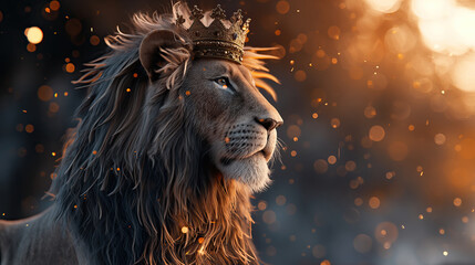 majestic Lion of Judah with elegant golden kings crown, on bokeh light background. Christian concept