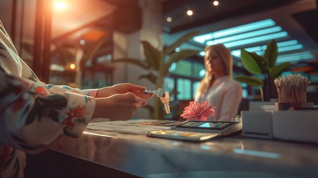 woman traveler checking in a hotel taking the keys