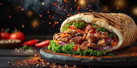 Sticker - fresh grilled beef turkish or chicken arabic shawarma doner sandwich with flying ingredients and spices hot ready to serve and eat food commercial advertisement menu banner with copy, Generative AI