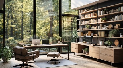Wall Mural - A contemporary home office with a large desk, ergonomic chair, and plenty of natural light 