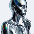 © Anna - Futuristic woman mannequin from liquid holographic metal with dripping melted chrome