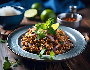 Wall Mural - savory plate of larb with minced chicken