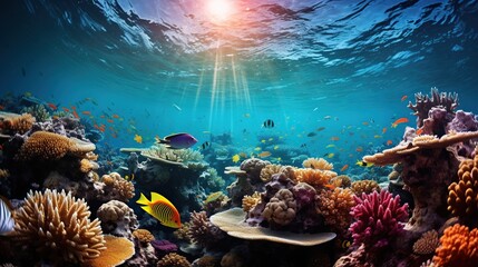 A dynamic shot of a vibrant coral reef teeming with marine life, featuring colorful fish, coral formations, and crystal-clear waters, perfect for underwater-themed designs or aquatic backgrounds  